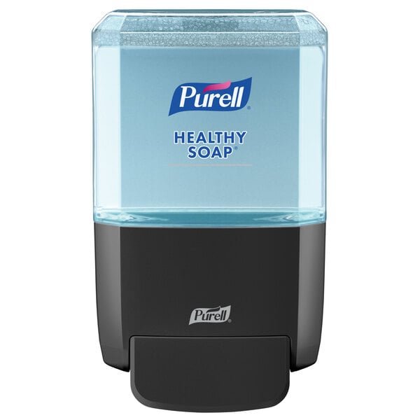 A black Purell manual hand soap dispenser.
