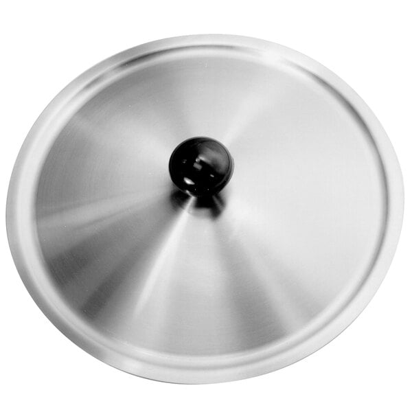 A close-up of a Cleveland 60 gallon lift-off kettle cover lid with a black knob.