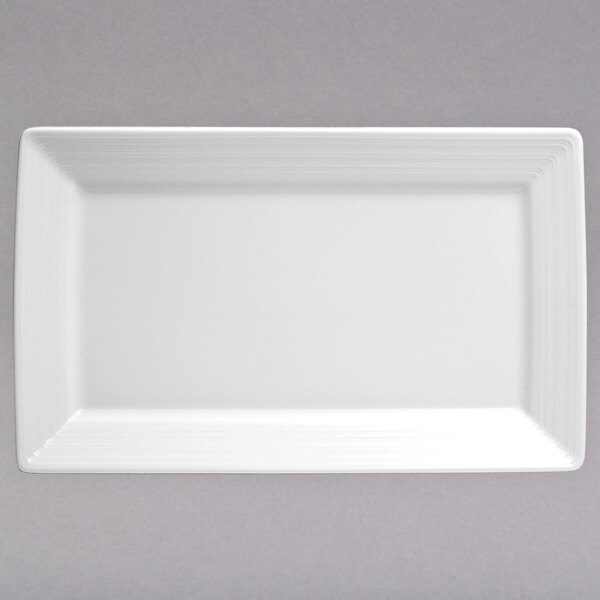 A white rectangular Oneida Botticelli porcelain platter with a small white rim.