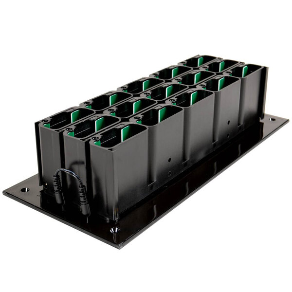 A black rectangular LRS staff pager charging base with green inserts.