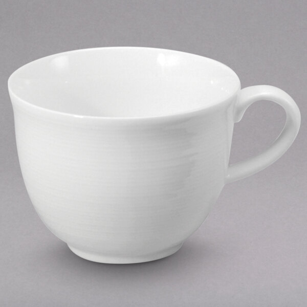 A white Oneida porcelain cup with a handle.