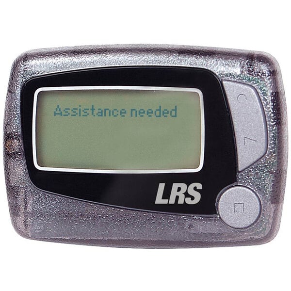 An LRS Alpha staff pager with a screen displaying "Assistance Needed"