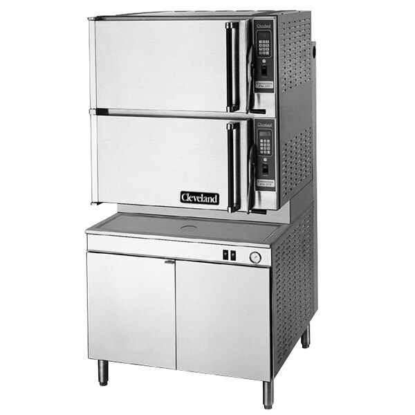 A large stainless steel Cleveland Convection Floor Steamer with two doors.