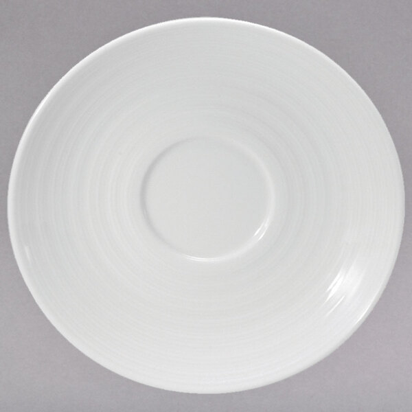 A Oneida Botticelli bright white porcelain saucer with a circular pattern on the rim.