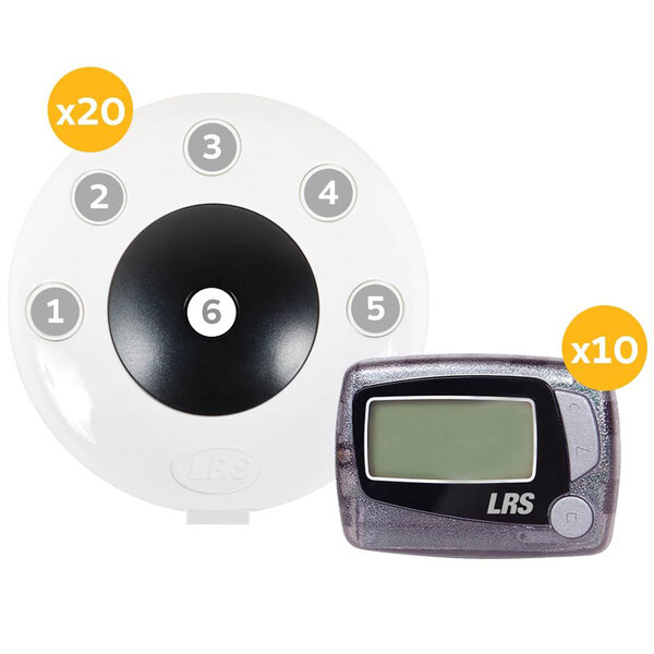 A white LRS Pronto circular device with black numbers and buttons.