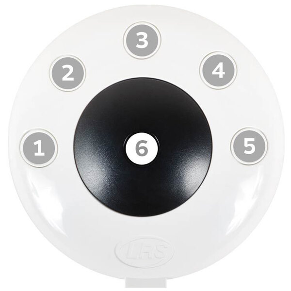 A white circular LRS Pronto button with black numbers and a black circle.