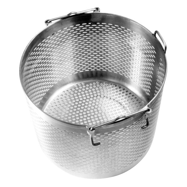 A Cleveland stainless steel cooking basket with holes in it.