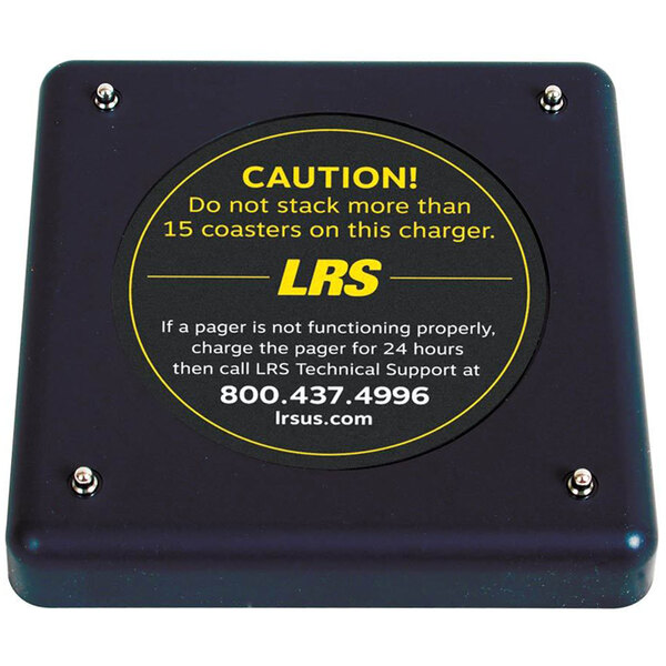 A black square LRS charging base with yellow and black text that reads "Caution: Charging Area"