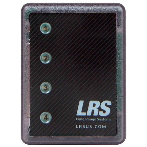 A close-up of a black LRS server pager with three buttons and a number on a circular object.