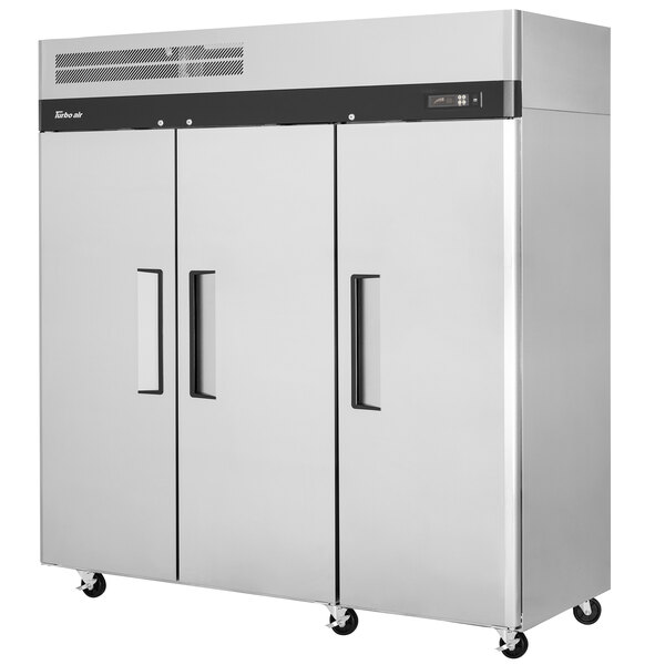 A large silver Turbo Air M3 reach-in freezer with three doors.