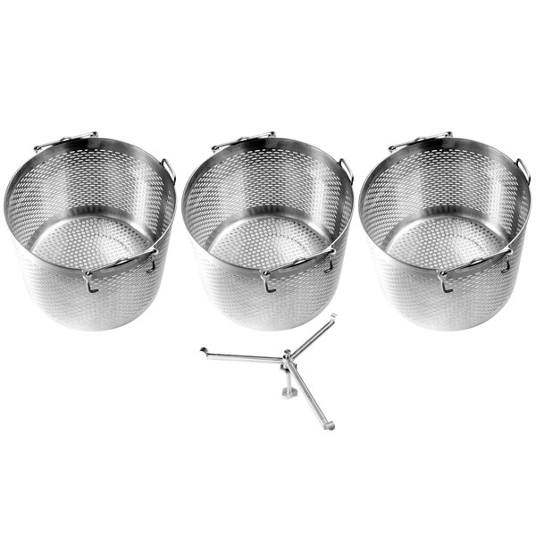 A Cleveland stainless steel basket system with three metal bowls on a metal stand.