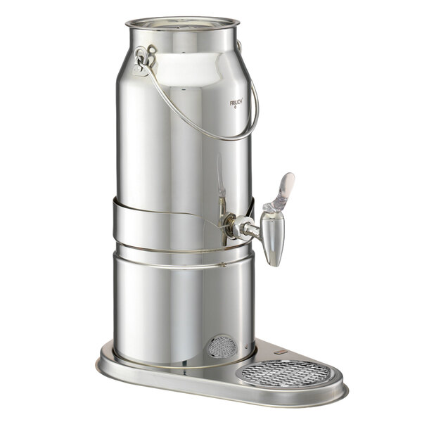 A stainless steel milk dispenser with a handle.