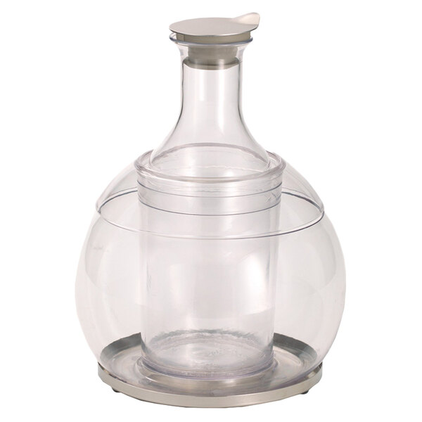 A clear Frilich Tritan plastic carafe with a silver metal lid on a stand.