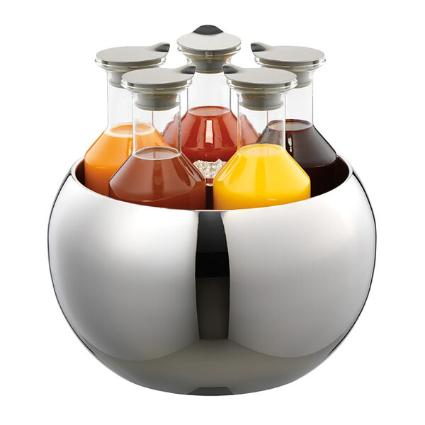 A Frilich stainless steel beverage tub with carafes inside.