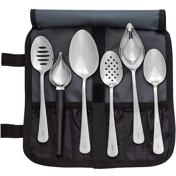 A set of six Mercer Culinary stainless steel plating spoons in a pouch.