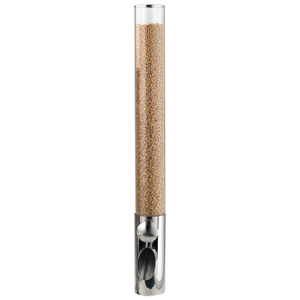 A Frilich acrylic dry food dispenser module with metal and glass containers full of brown grains.