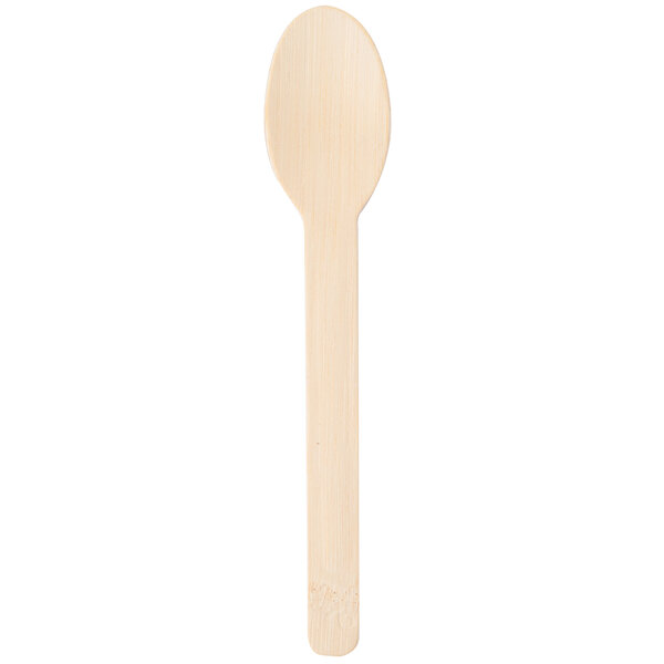 A close up of a Bambu disposable bamboo spoon.