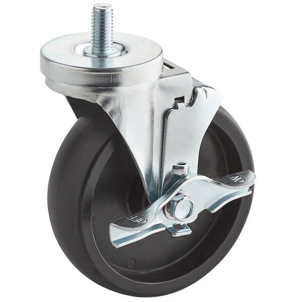 A black stem caster with a black and silver wheel, and a metal nut and bolt.