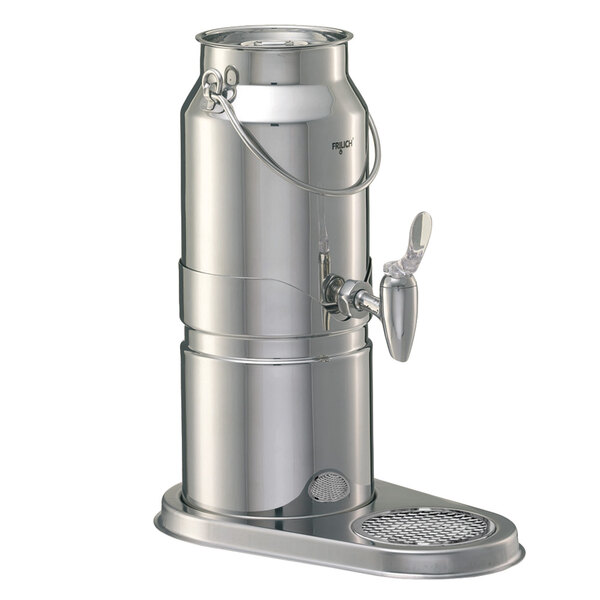 A stainless steel Frilich milk dispenser with a metal stand.