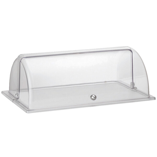 A clear plastic rectangular container with a clear roll top cover on a counter.