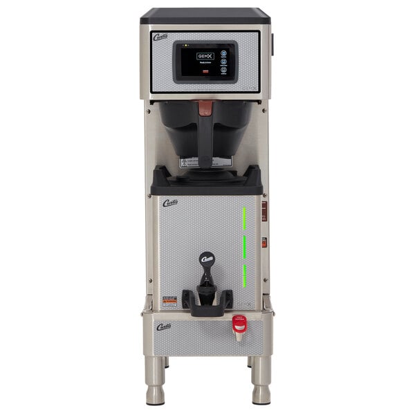 A Curtis G4 Gemini IntelliFresh single satellite coffee brewer with a black and silver finish.