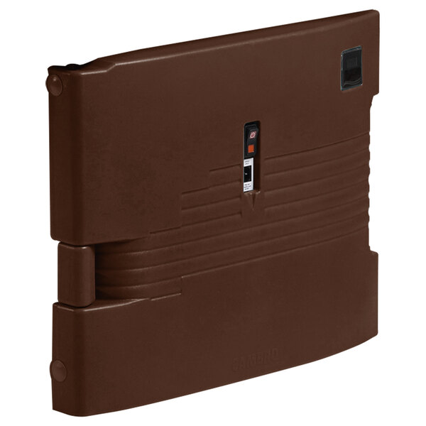 A dark brown plastic door with buttons for a Cambro Camcarrier.