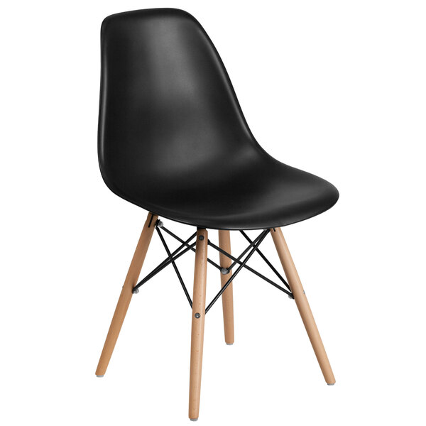 A black Flash Furniture Elon Series plastic side chair with wood legs.