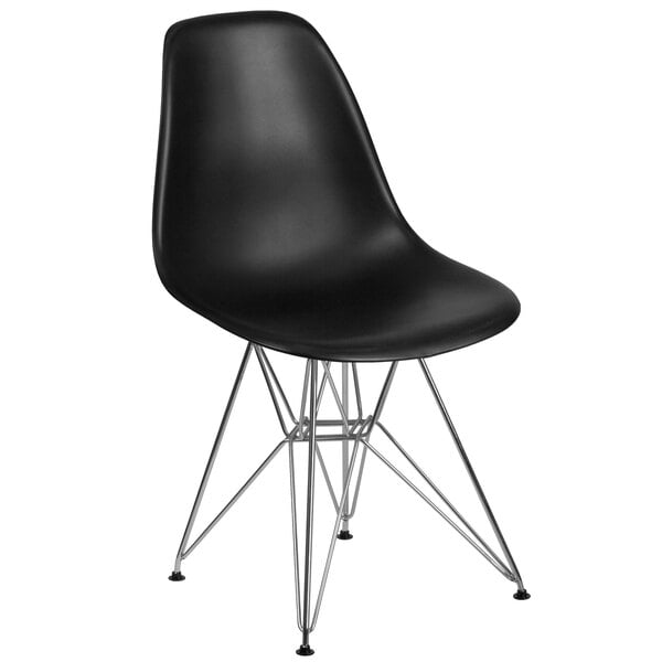 A Flash Furniture black plastic restaurant chair with metal legs.