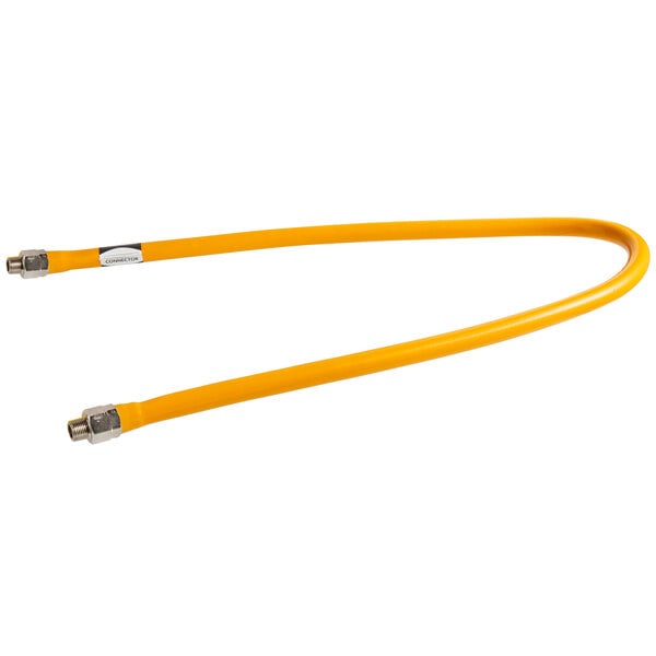 A yellow hose with metal connectors.