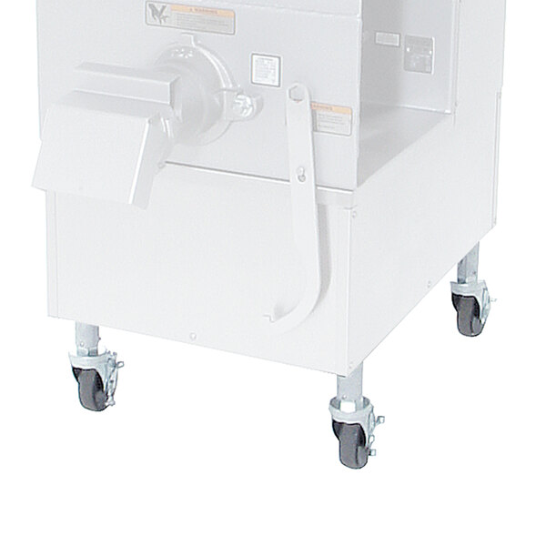 The Hobart MLEG-AJC12 adjustable legs for a white Hobart meat grinder with wheels.