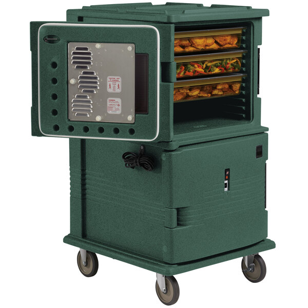 A large green Cambro Ultra Camcart holding hot food.