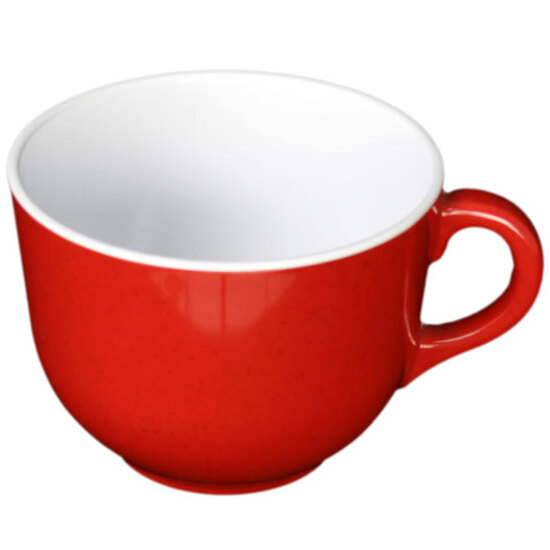 A close-up of a red Thunder Group melamine mug with a white interior and handle.