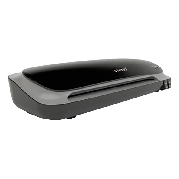 A black and grey Universal Deluxe Desktop Laminator with a black cover.