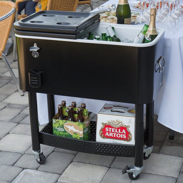 A black Choice beverage cooler cart with bottles and drinks on it.