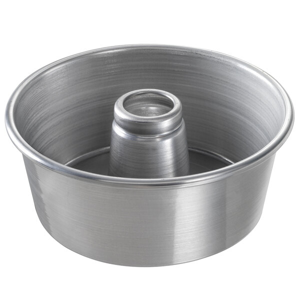 A close-up of a silver Chicago Metallic Aluminized Steel Angel Food Cake Pan.