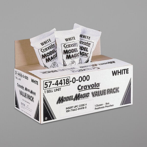 A white box of Crayola Model Magic packets with black text.