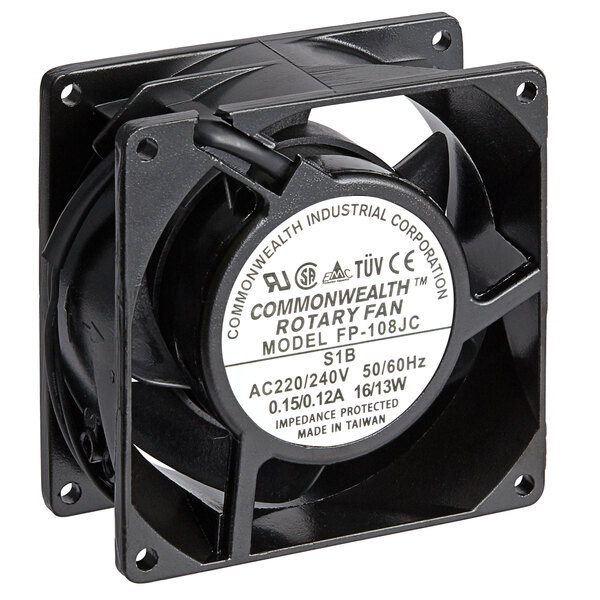 A black Cooking Performance Group cooling fan with a white label.