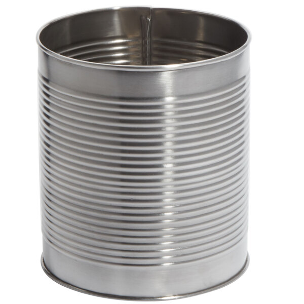 An American Metalcraft silver stainless steel soup can with a hole in it.