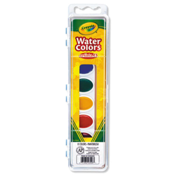 A close-up of a Crayola watercolor paint box with wet colors inside.