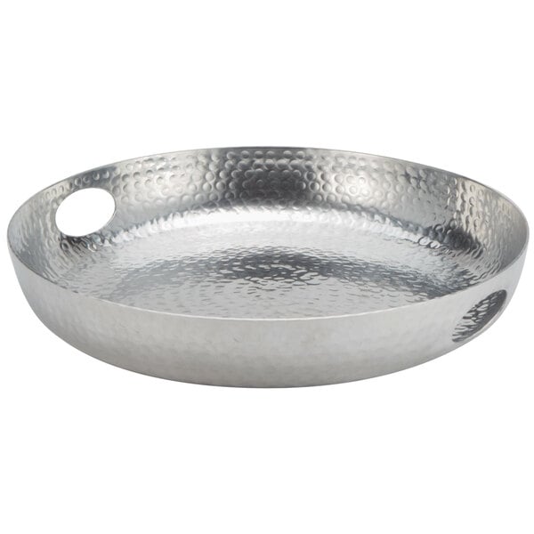 An American Metalcraft silver hammered round metal tray with a handle.