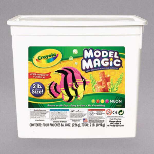 A white plastic tub of Crayola Model Magic with a yellow and green label.