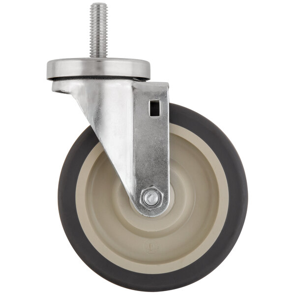 A 5" swivel stem caster with a metal wheel and a metal screw.
