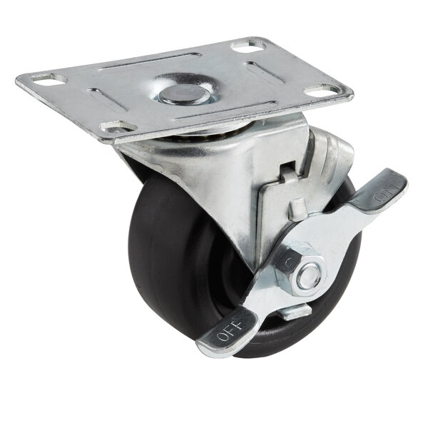 A Beverage-Air swivel plate caster with a black and silver wheel and metal plate.
