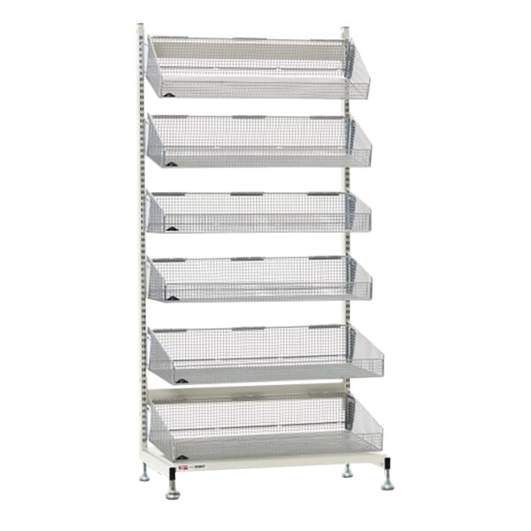 A white metal Metro qwikSIGHT basket supply rack with six shelves.