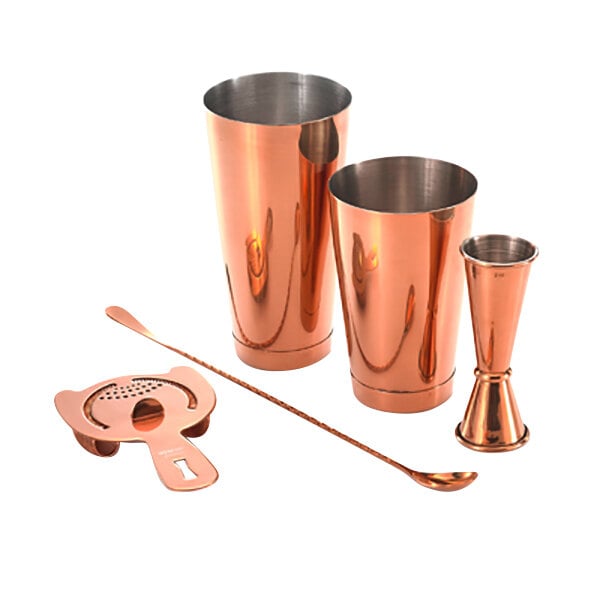 A close-up of a Barfly copper cocktail shaker.