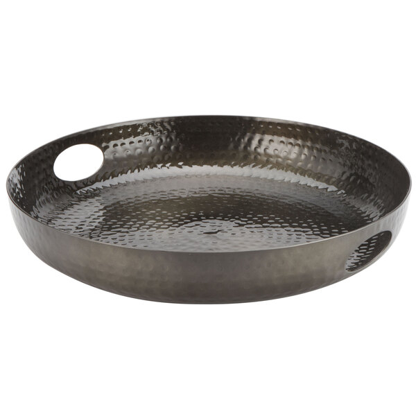 An American Metalcraft black hammered aluminum tray with handles.