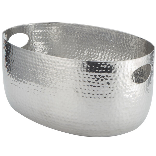 An American Metalcraft silver aluminum oval beverage tub with hammered texture and handles.