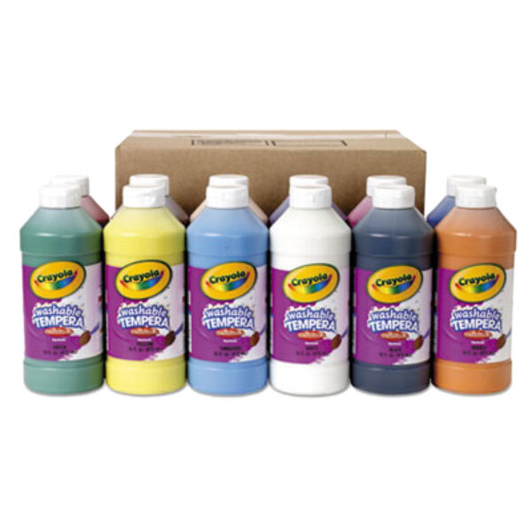 A group of Crayola Washable Tempera Paint bottles in assorted colors.