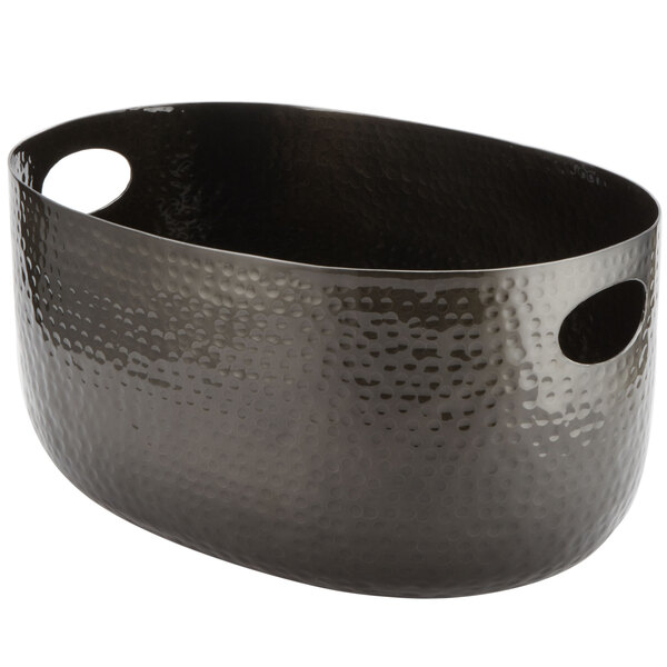 An American Metalcraft black hammered aluminum beverage tub with handles.