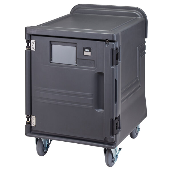 A large grey plastic Cambro food holding box on wheels.